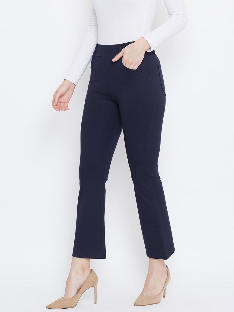 Women's Navy Blue Solid Bootcut Jeggings