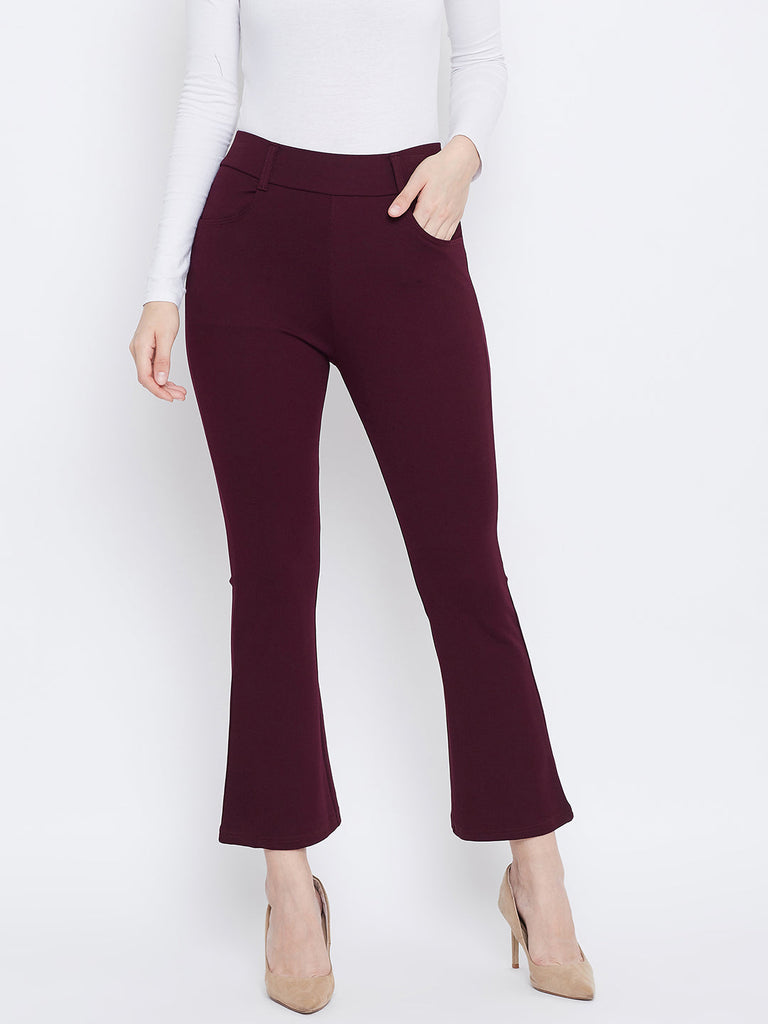Women's Maroon Solid Bootcut Jeggings