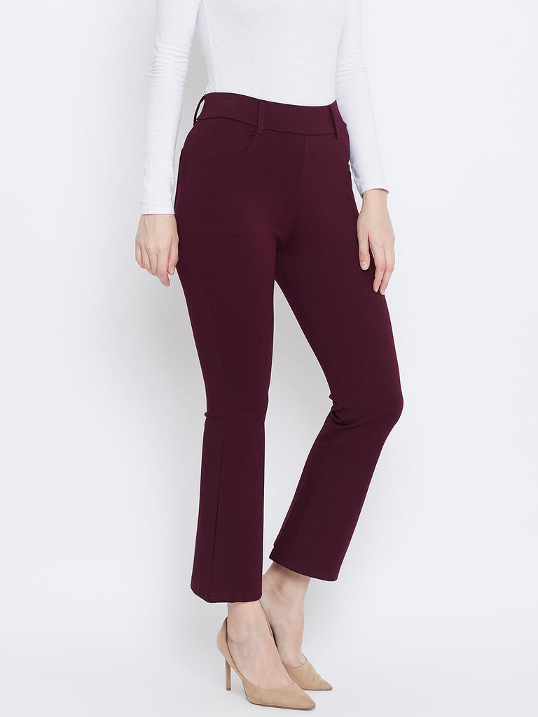 Women's Maroon Solid Bootcut Jeggings