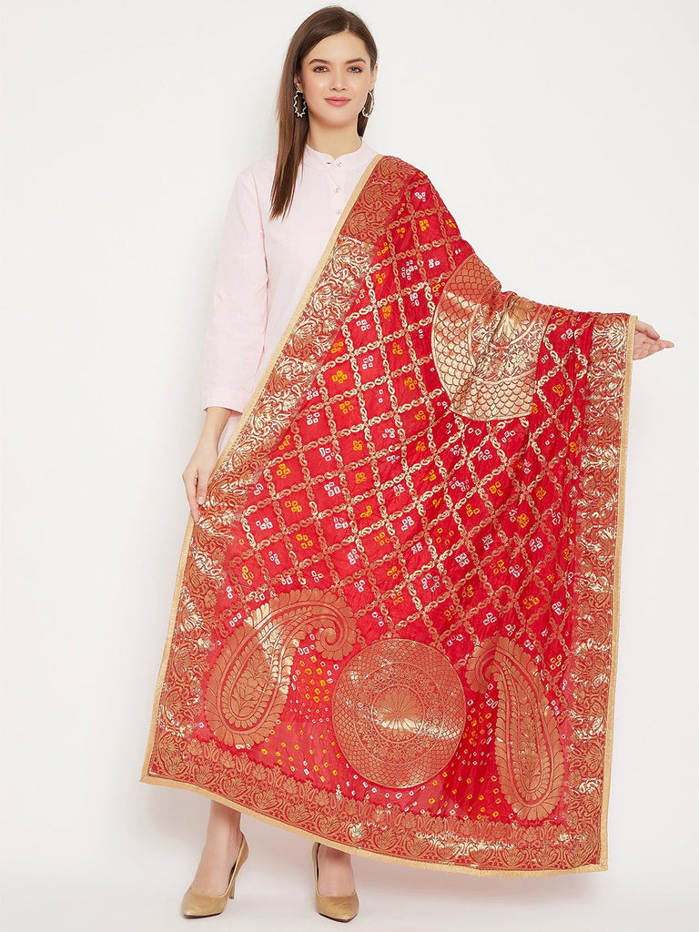 Women's Red Woven Design Banarasi Bandhej Dupatta