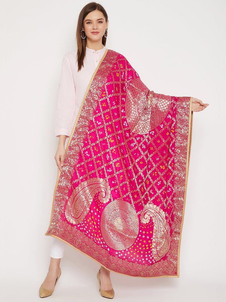 Women's Magenta Woven Design Banarasi Bandhej Dupatta