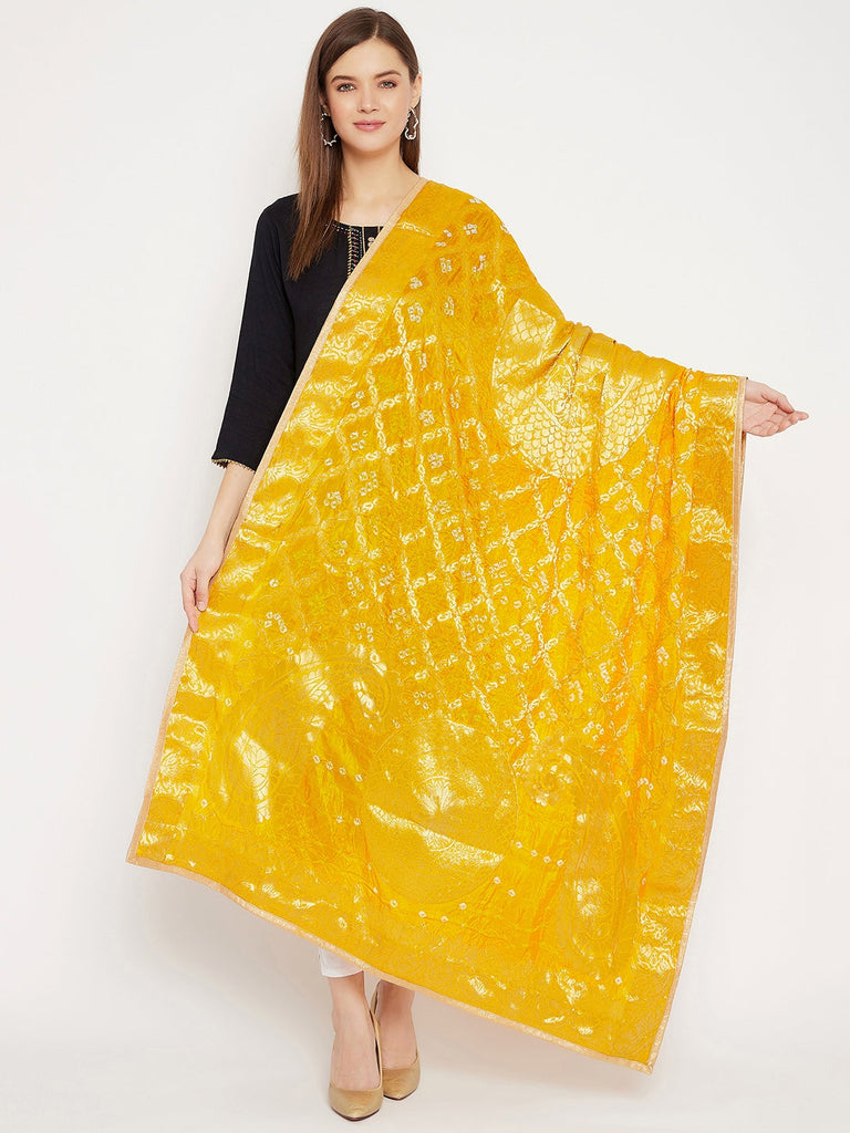 Women's Yellow Woven Design Banarasi Bandhej Dupatta