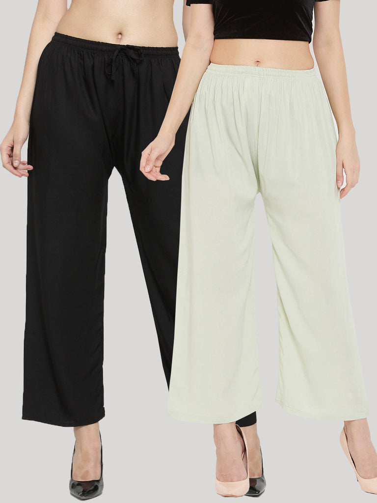 Women's Solid Black & Pista Green Rayon Palazzo (Pack Of 2)