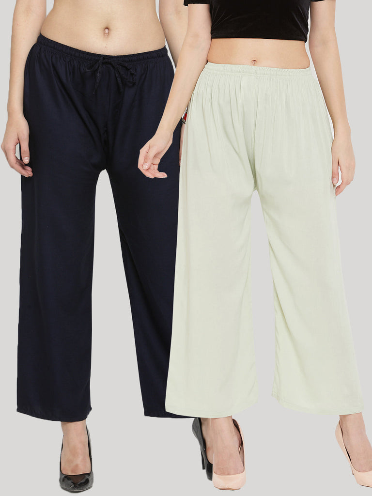 Women's Solid Navy Blue & Pista Green Rayon Palazzo (Pack Of 2)