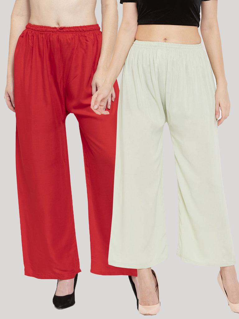 Women's Solid Red & Pista Green Rayon Palazzo (Pack Of 2)