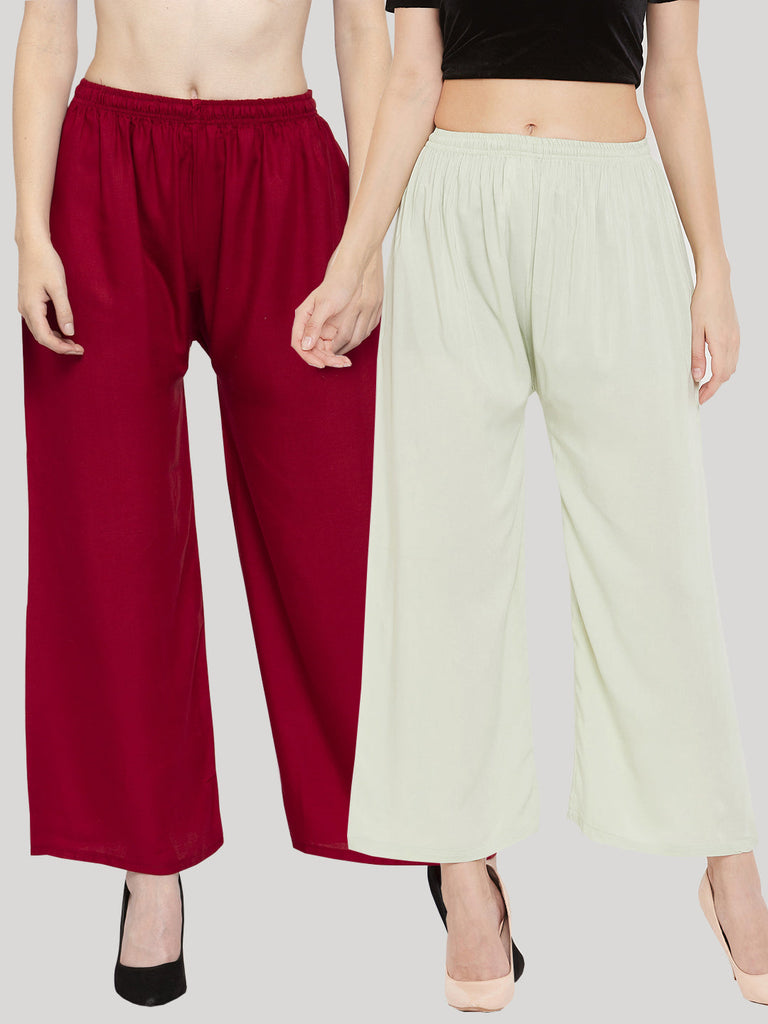 Women's Solid Maroon & Pista Green Rayon Palazzo (Pack Of 2)