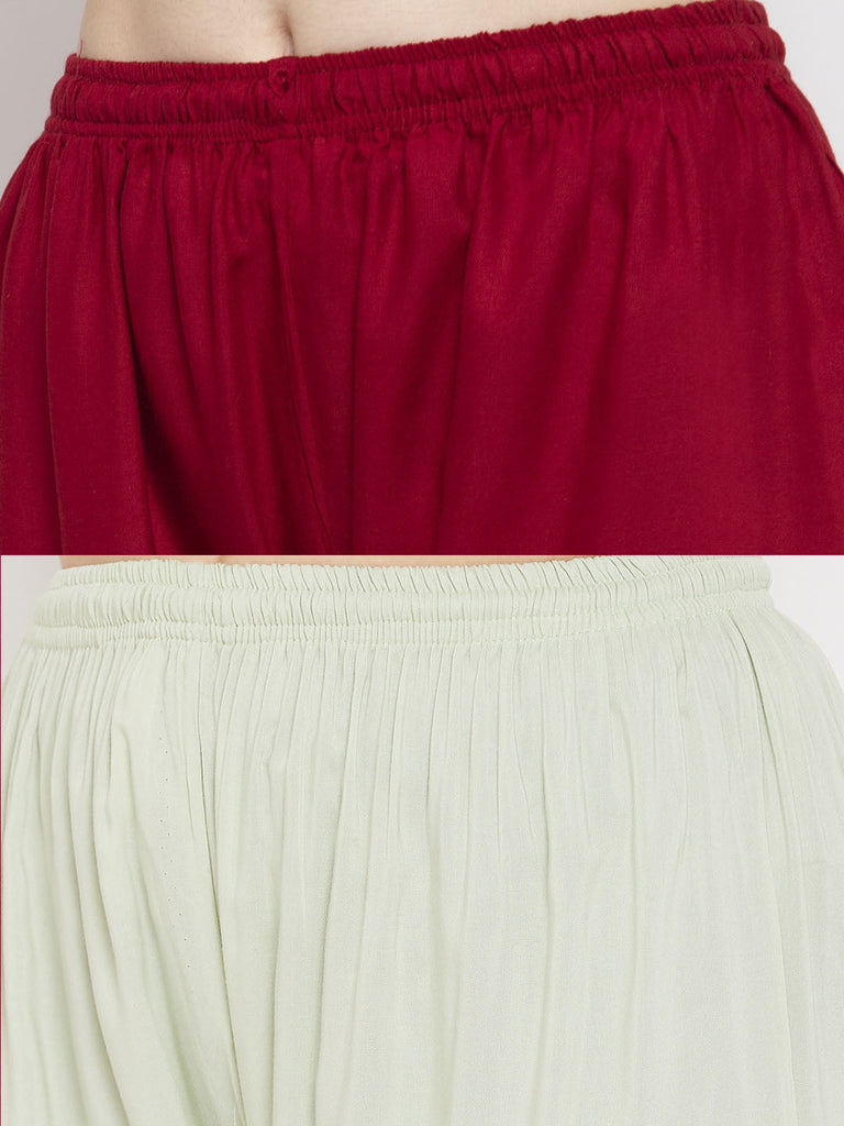 Women's Solid Maroon & Pista Green Rayon Palazzo (Pack Of 2)