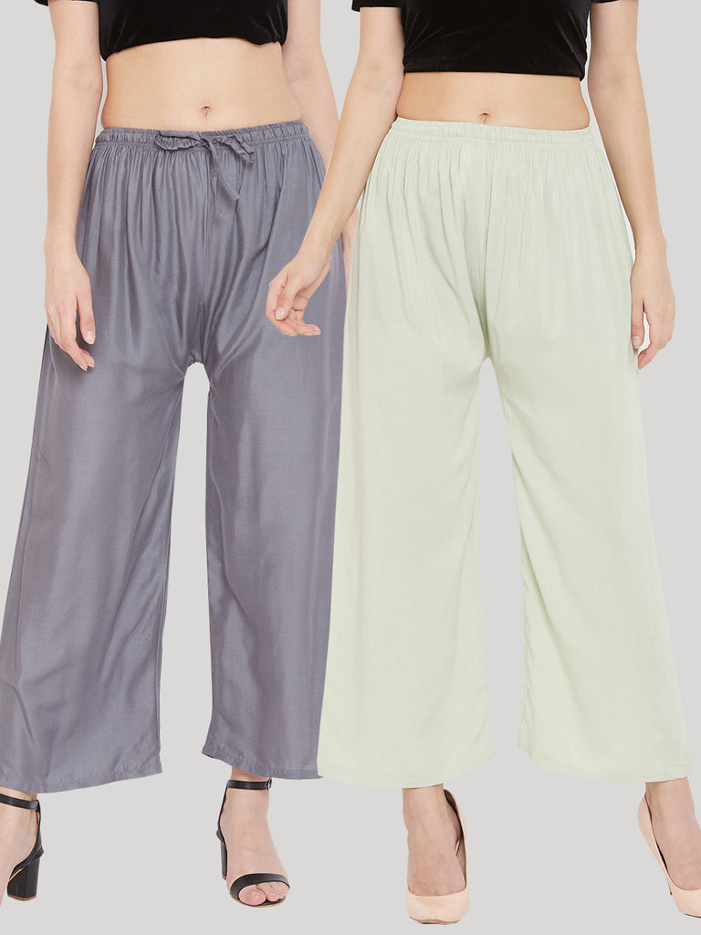 Women's Solid Grey & Pista Green Rayon Palazzo (Pack Of 2)
