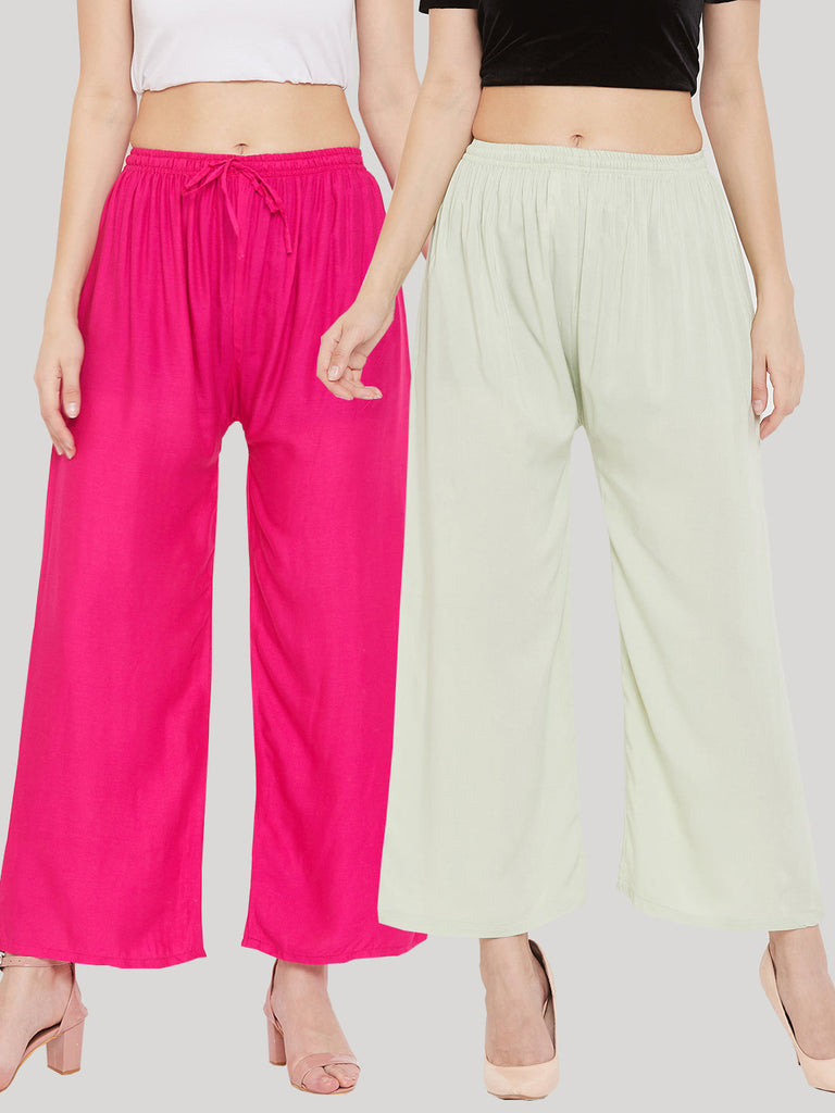 Women's Solid Magenta & Pista Green Rayon Palazzo (Pack Of 2)