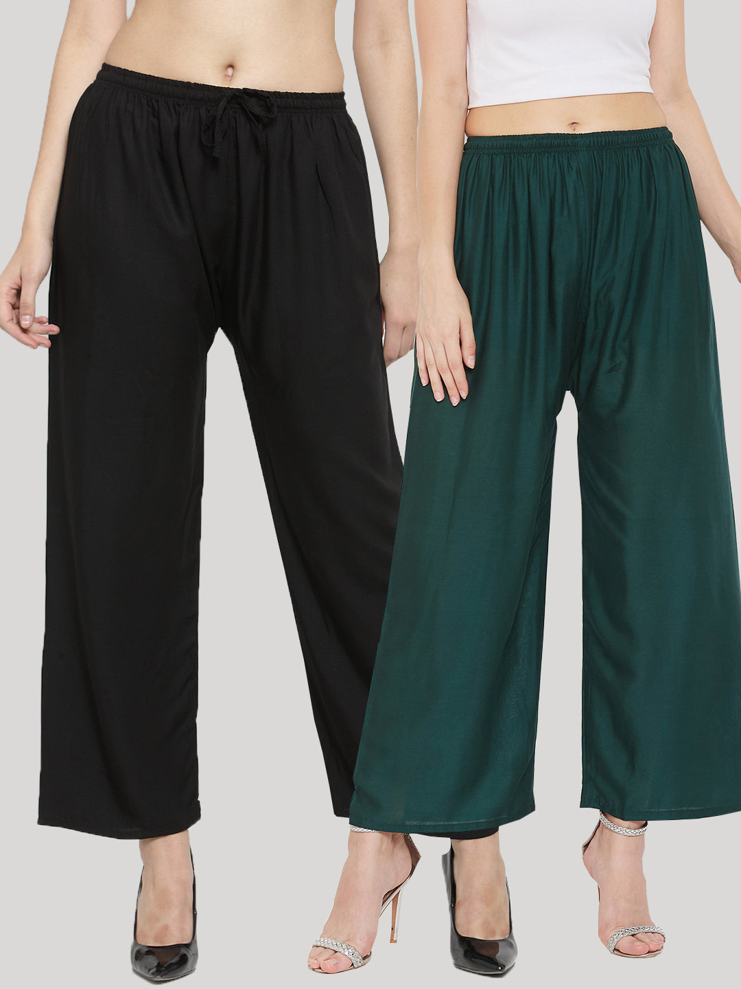 Women's Solid Black & Bottle Green Rayon Palazzo (Pack Of 2)