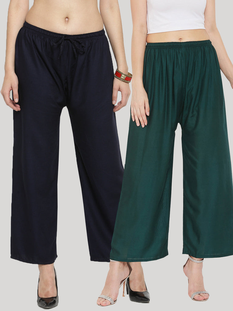 Women's Solid Navy Blue & Bottle Green Rayon Palazzo (Pack Of 2)