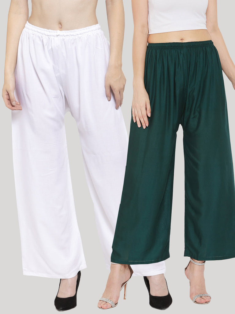 Women's Solid White & Bottle Green Rayon Palazzo (Pack Of 2)