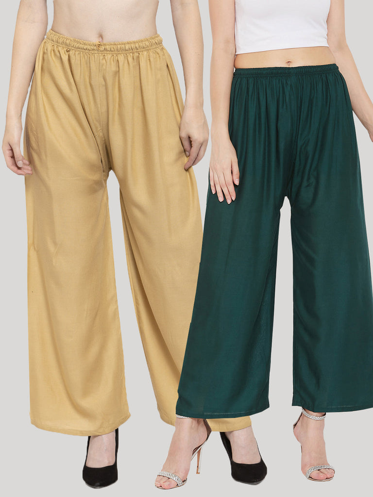 Women's Solid Fawn & Bottle Green Rayon Palazzo (Pack Of 2)
