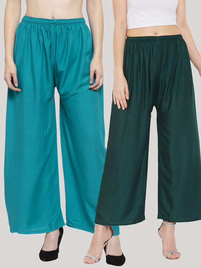 Women's Solid Turquoise & Bottle Green Rayon Palazzo (Pack Of 2)