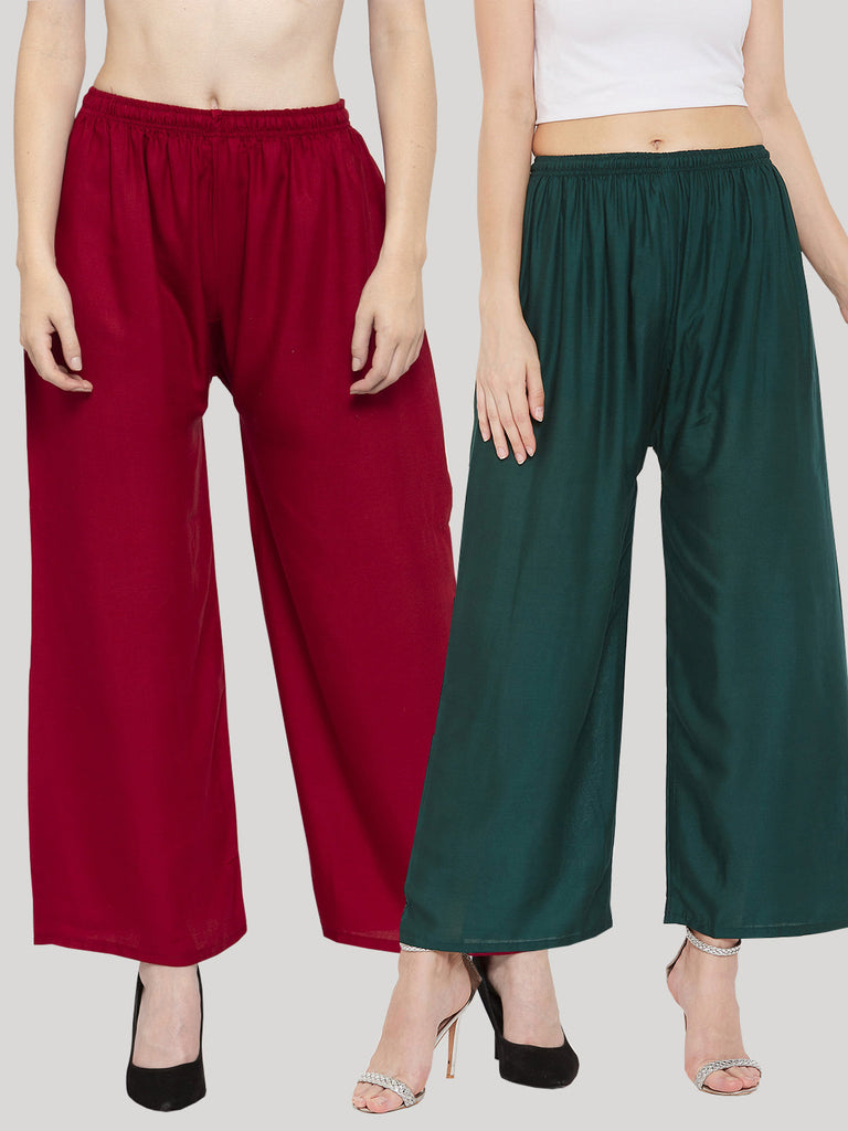 Women's Solid Maroon & Bottle Green Rayon Palazzo (Pack Of 2)