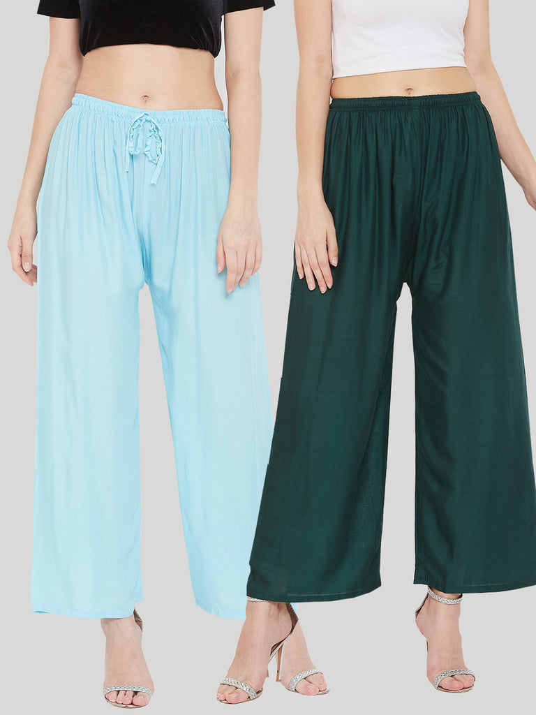 Women's Solid Sky Blue & Bottle Green Rayon Palazzo (Pack Of 2)