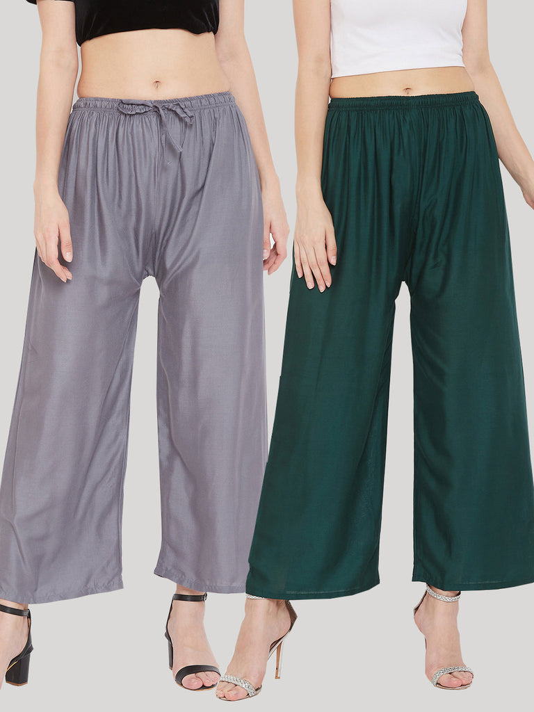 Women's Solid Grey & Bottle Green Rayon Palazzo (Pack Of 2)