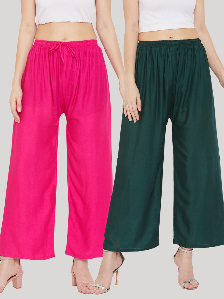 Women's Solid Magenta & Bottle Green Rayon Palazzo (Pack Of 2)