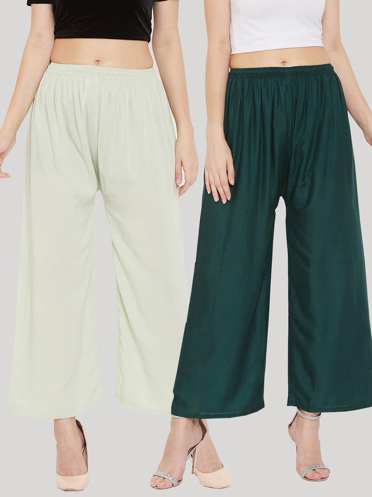 Women's Solid Pista Green & Bottle Green Rayon Palazzo (Pack Of 2)