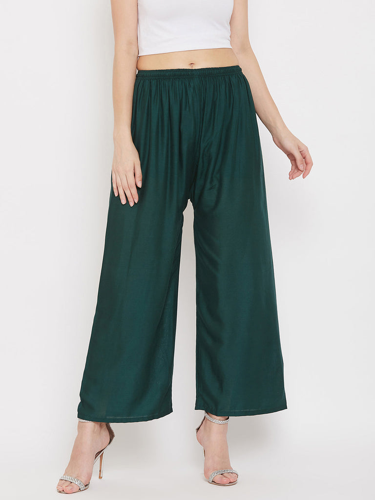 Women's Solid Pista Green & Bottle Green Rayon Palazzo (Pack Of 2)