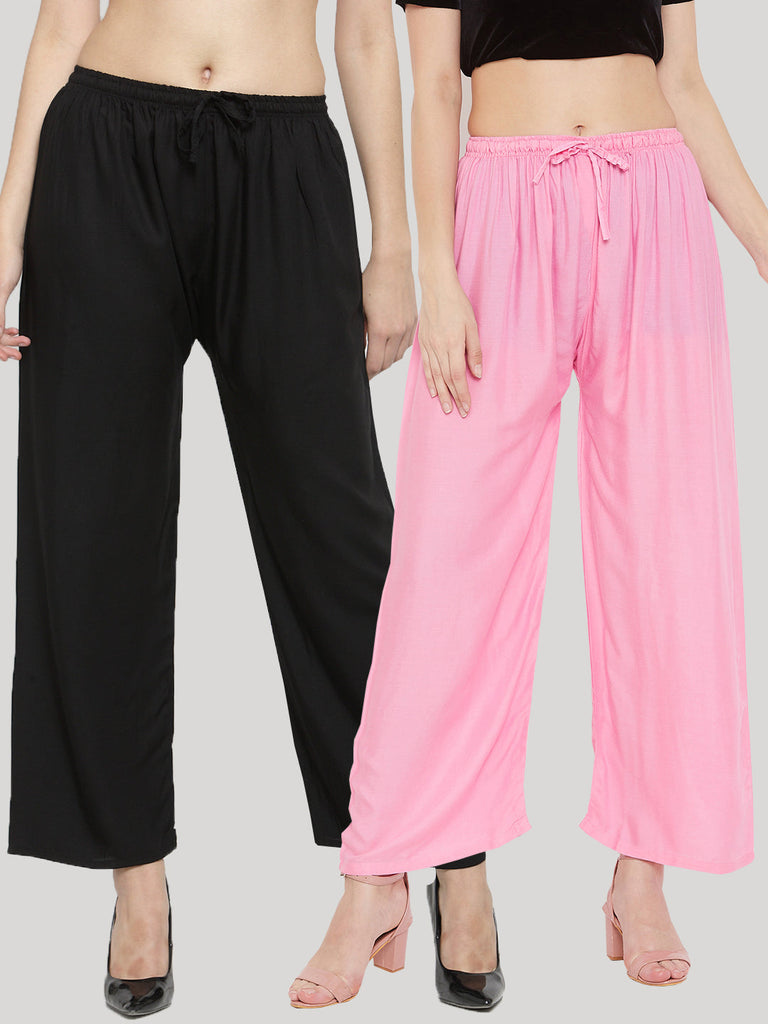 Women's Solid Black & Pink Rayon Palazzo (Pack Of 2)