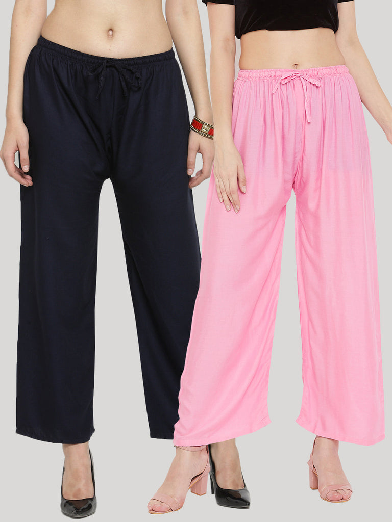Women's Solid Navy Blue & Pink Rayon Palazzo (Pack Of 2)