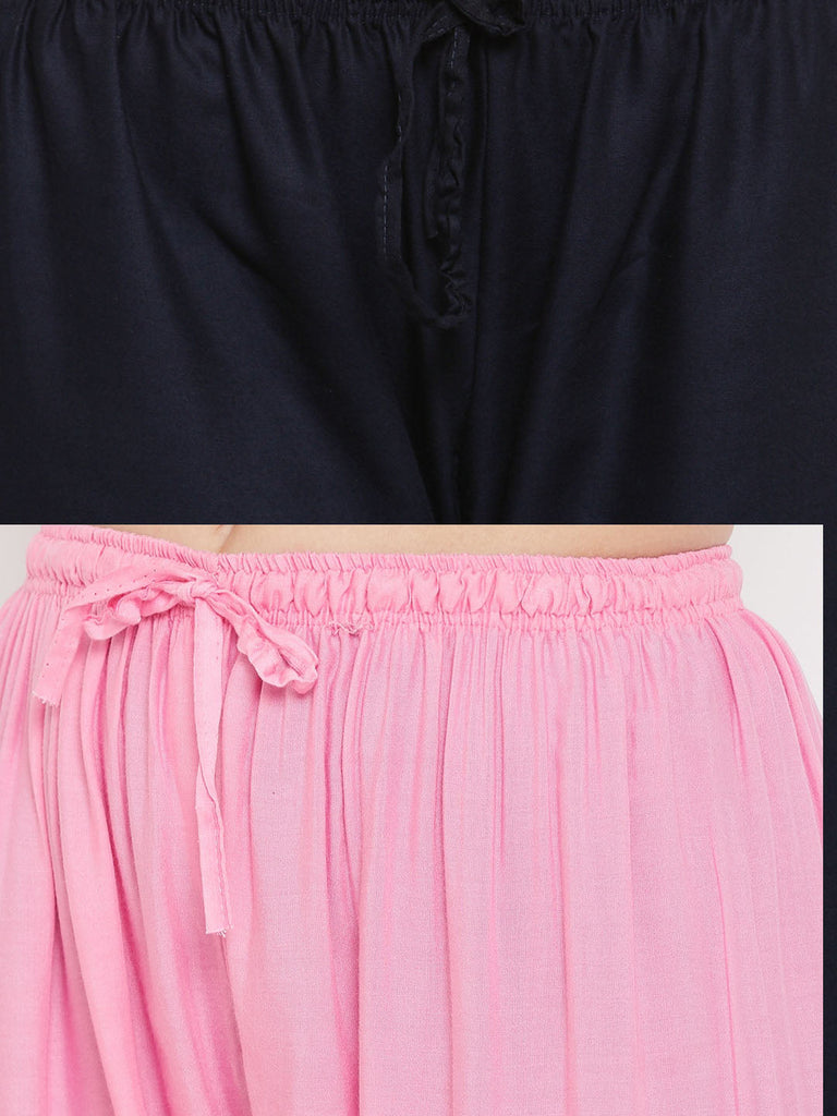 Women's Solid Navy Blue & Pink Rayon Palazzo (Pack Of 2)