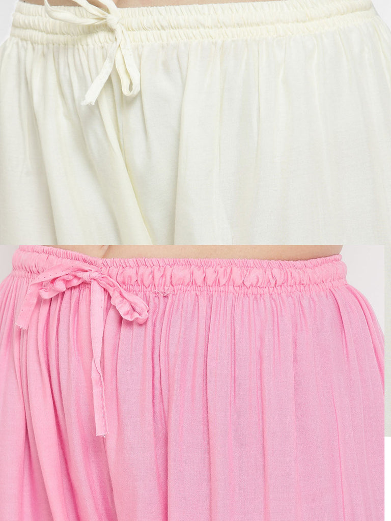 Women's Solid Cream & Pink Rayon Palazzo (Pack Of 2)