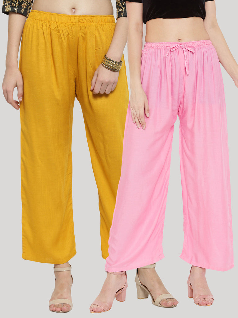 Women's Solid Mustard & Pink Rayon Palazzo (Pack Of 2)