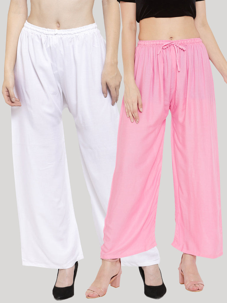 Women's Solid White & Pink Rayon Palazzo (Pack Of 2)