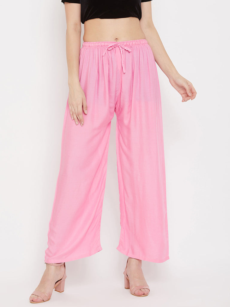 Women's Solid White & Pink Rayon Palazzo (Pack Of 2)