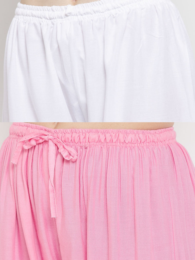 Women's Solid White & Pink Rayon Palazzo (Pack Of 2)