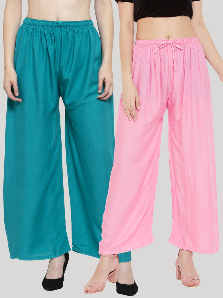 Women's Solid Turquoise & Pink Rayon Palazzo (Pack Of 2)