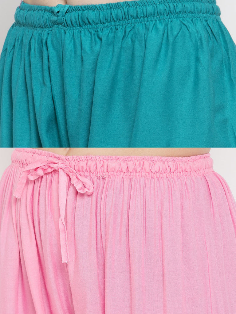 Women's Solid Turquoise & Pink Rayon Palazzo (Pack Of 2)