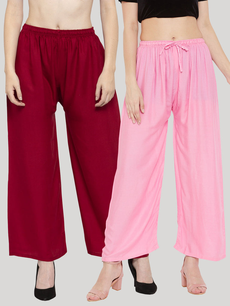 Women's Solid Maroon & Pink Rayon Palazzo (Pack Of 2)