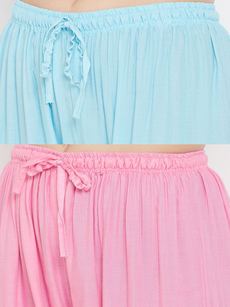 Women's Solid Sky Blue & Pink Rayon Palazzo (Pack Of 2)
