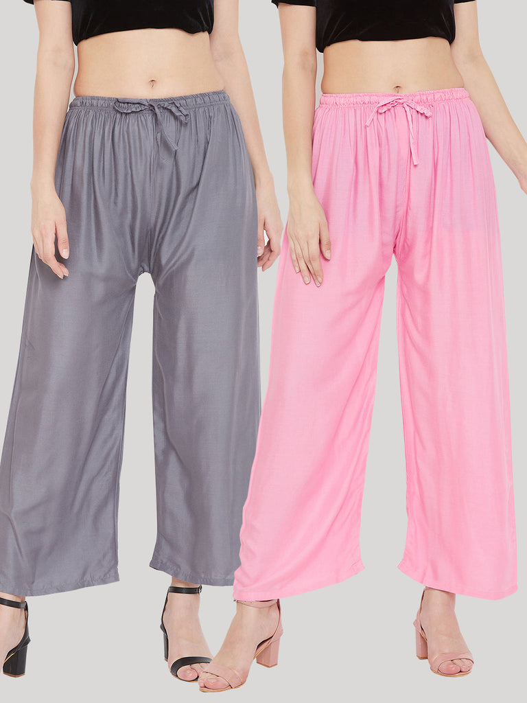 Women's Solid Grey & Pink Rayon Palazzo (Pack Of 2)
