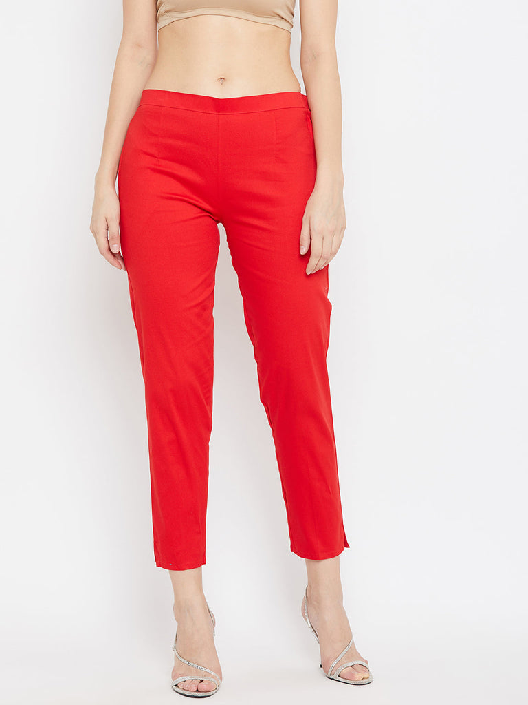 Women's Red Regular Fit Solid Pants