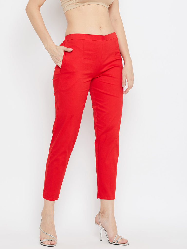 Women's Red Regular Fit Solid Pants