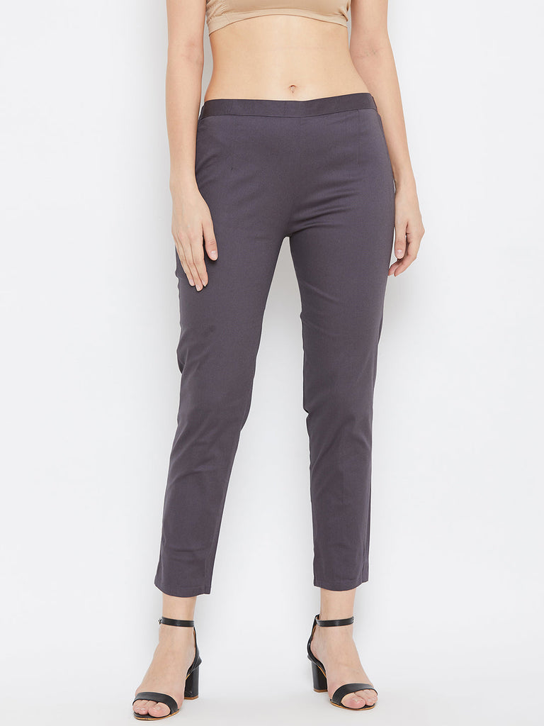 Women's Grey Regular Fit Solid Pants