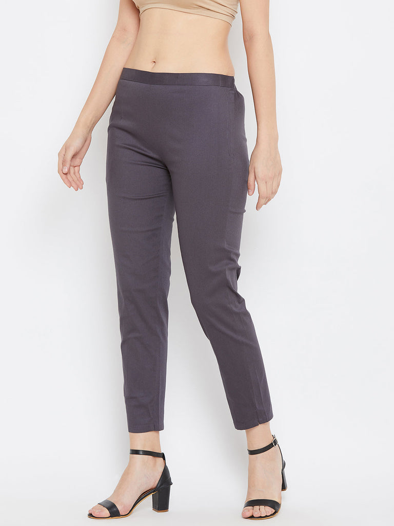 Women's Grey Regular Fit Solid Pants