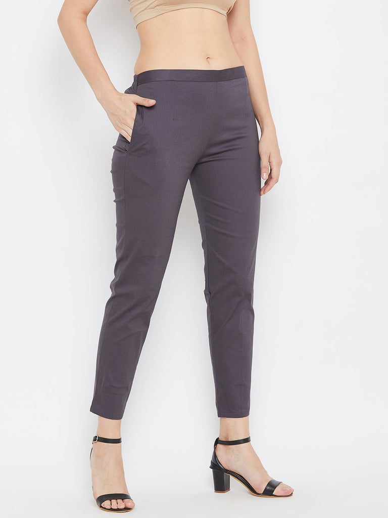 Women's Grey Regular Fit Solid Pants