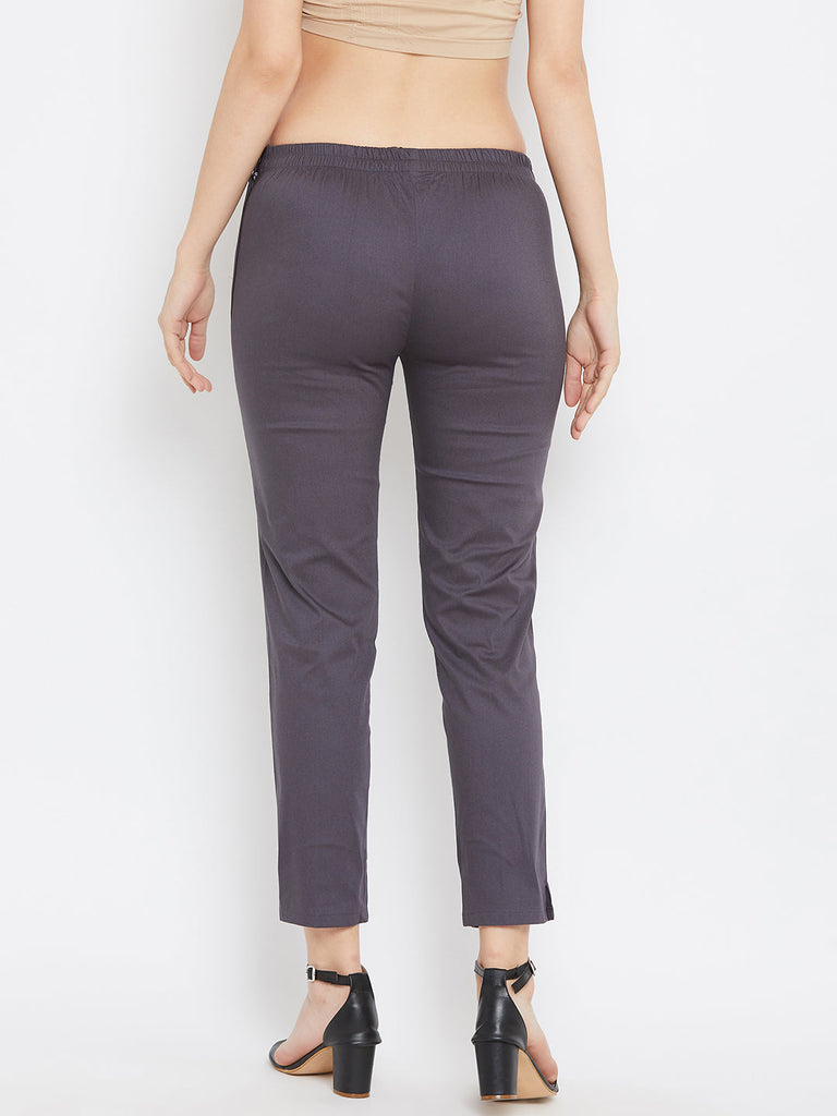 Women's Grey Regular Fit Solid Pants