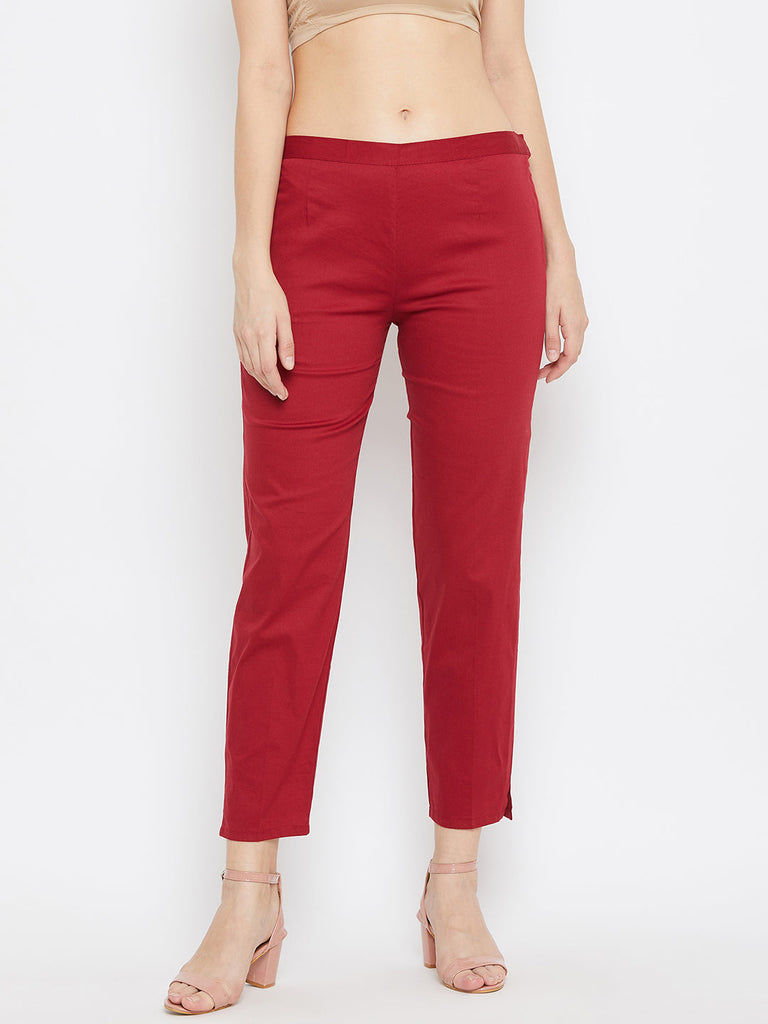 Women's Maroon Regular Fit Solid Pants