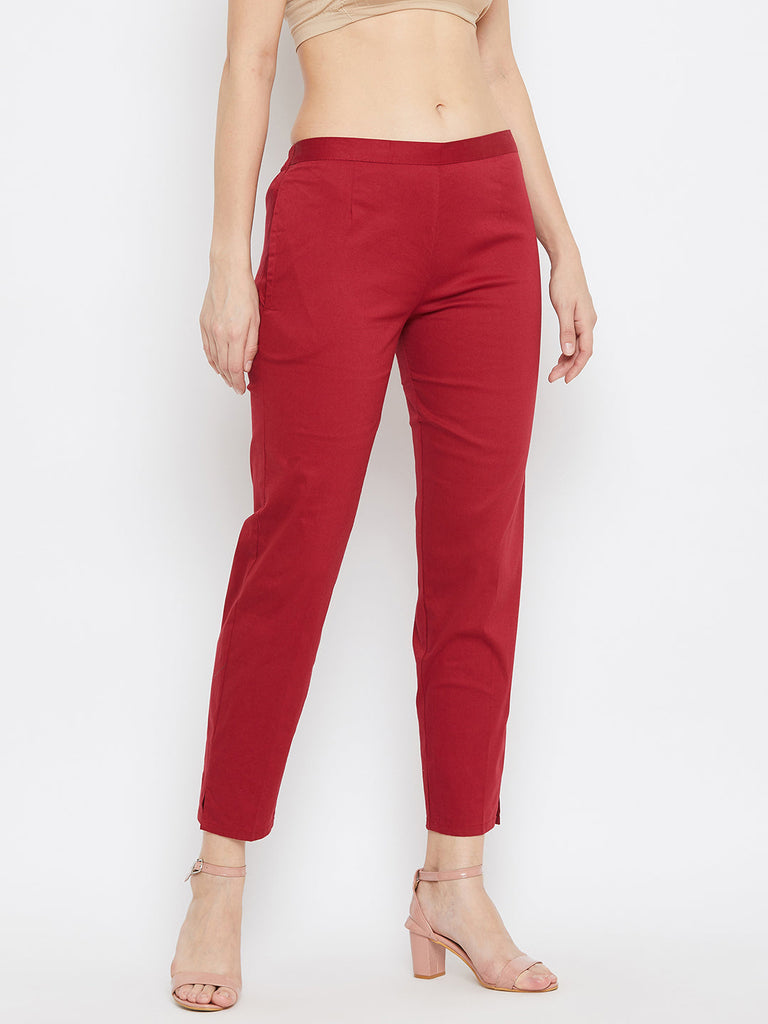 Women's Maroon Regular Fit Solid Pants