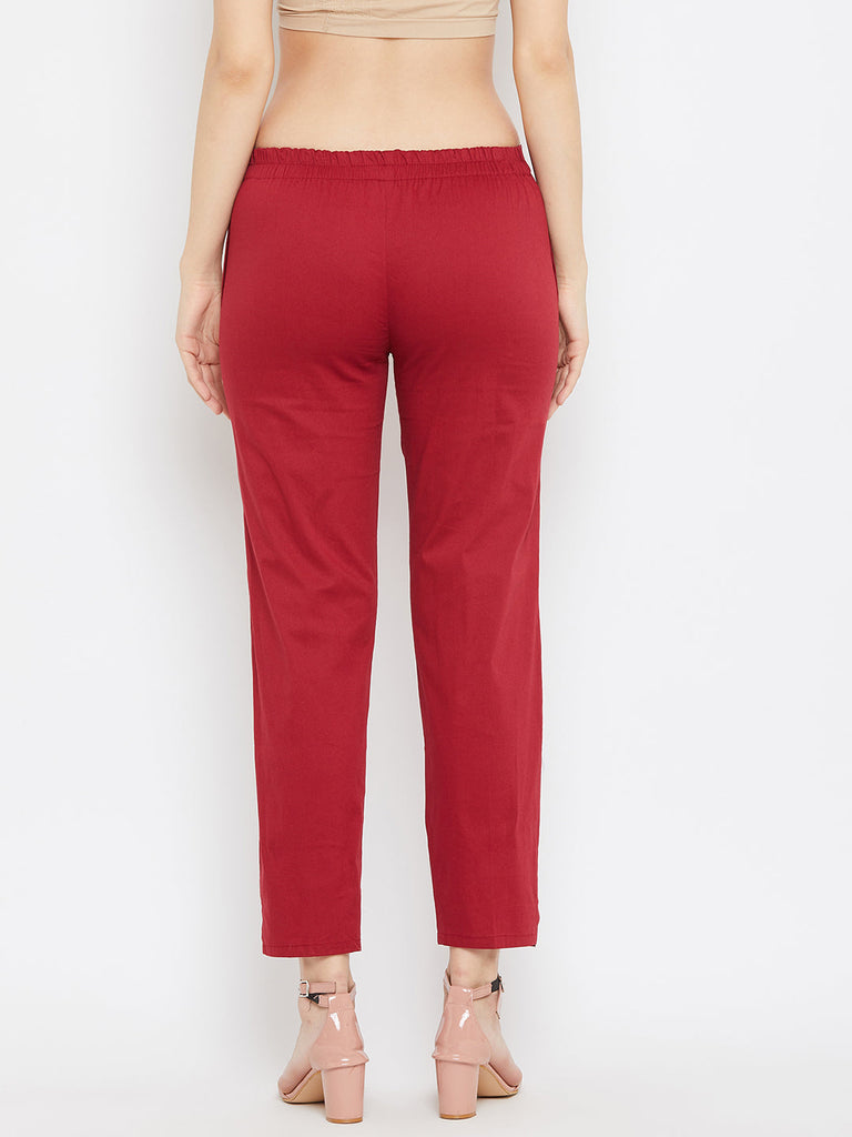 Women's Maroon Regular Fit Solid Pants
