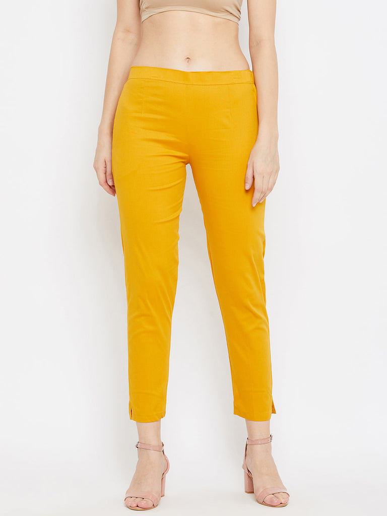 Women's Mustard Regular Fit Solid Pants