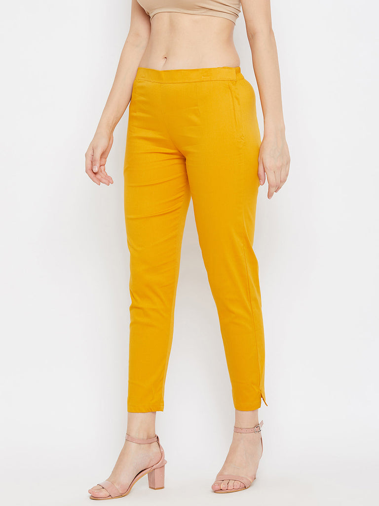 Women's Mustard Regular Fit Solid Pants