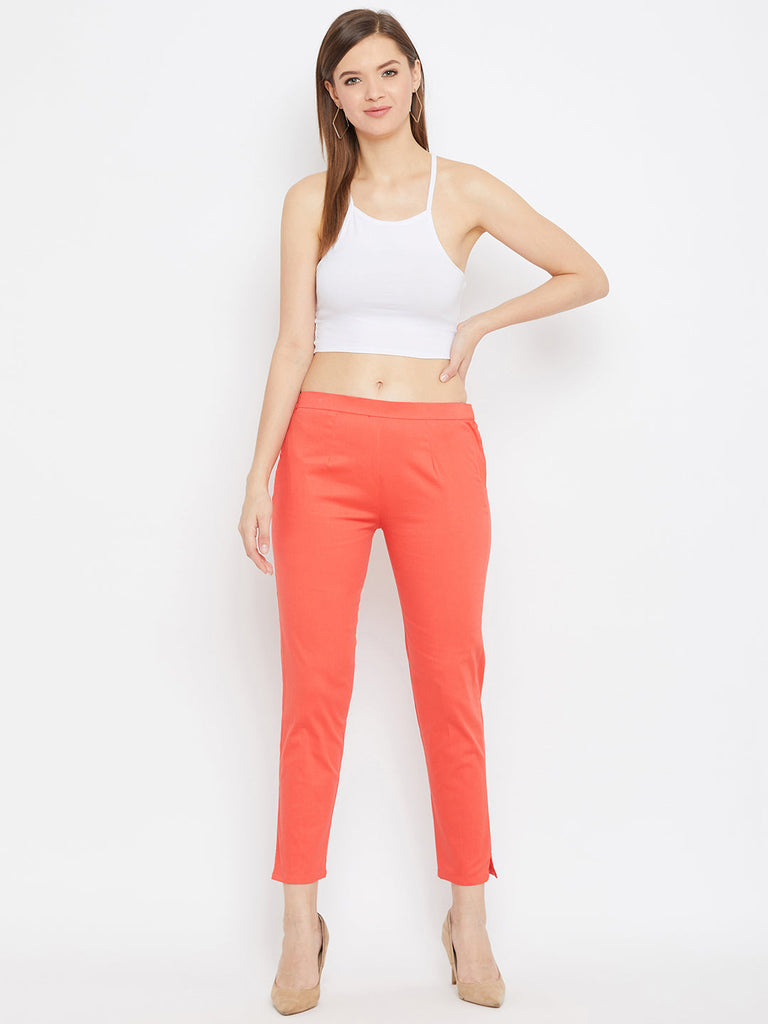 Women's Peach Regular Fit Solid Pants
