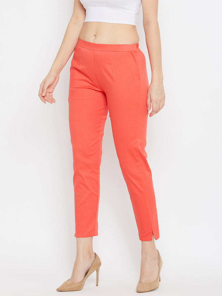 Women's Peach Regular Fit Solid Pants